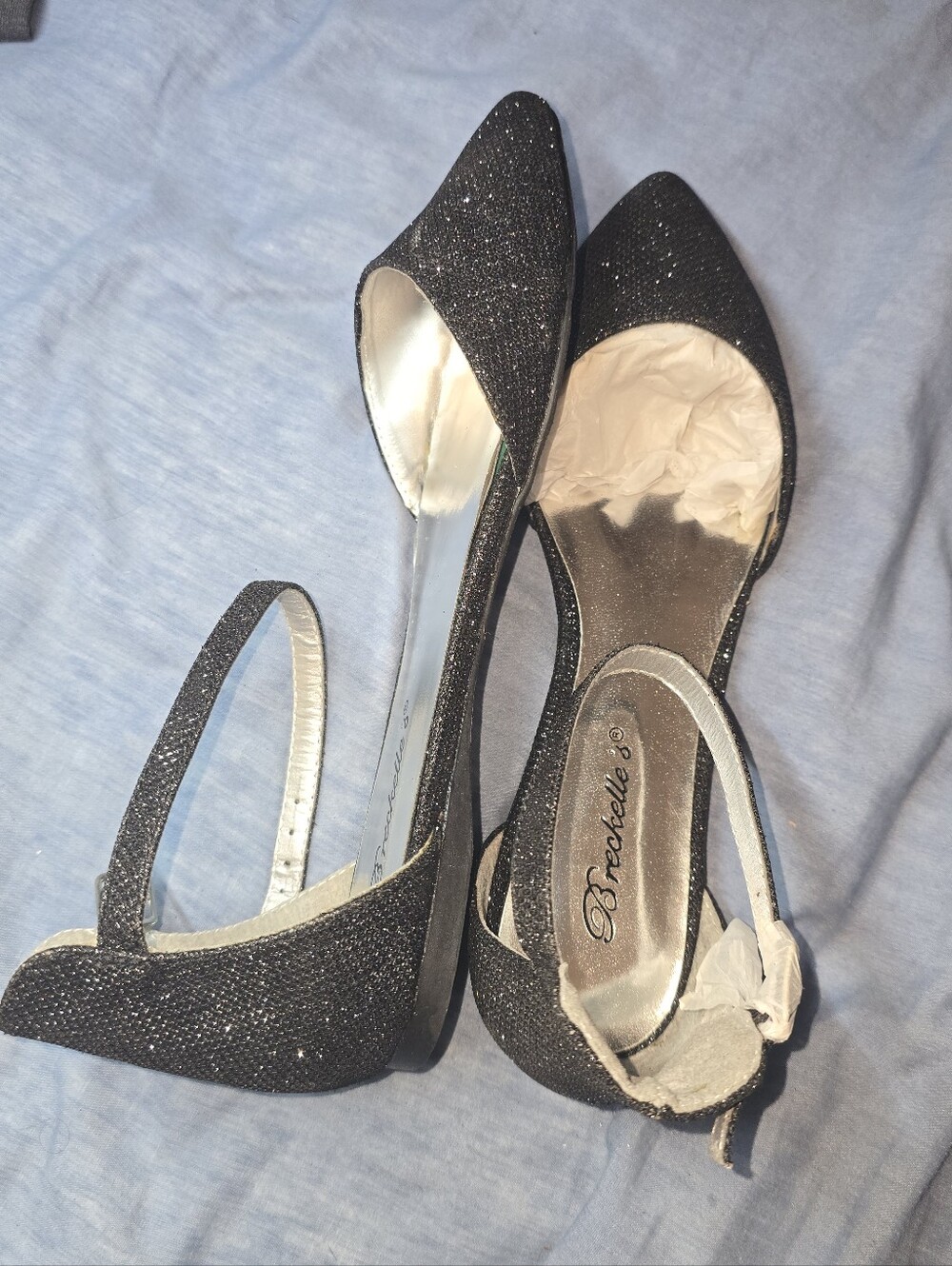 Breckelles Black Glitter Pointed-Toe Flats Adjustable Ankle Strap Size 6.5